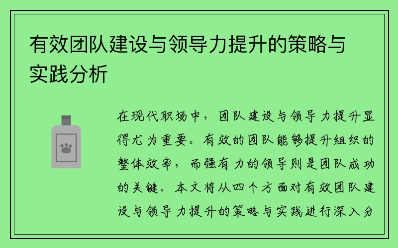 有效团队建设与领导力提升的策略与实践分析